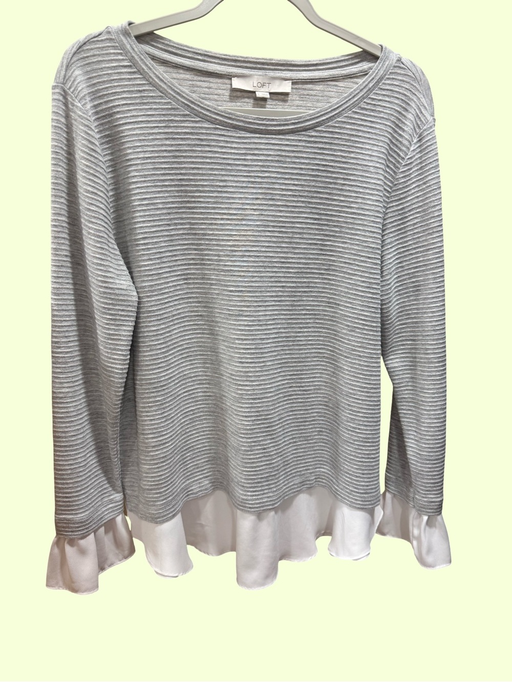 LOFT Gray Striped Knit Top with White Ruffle Hem